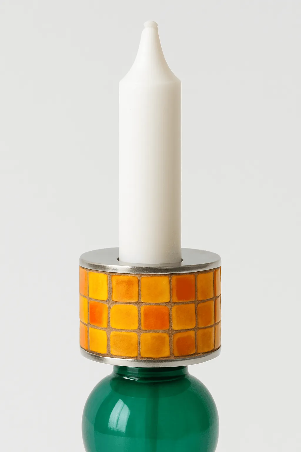 A candle holder with glass, mosaic and chrome details